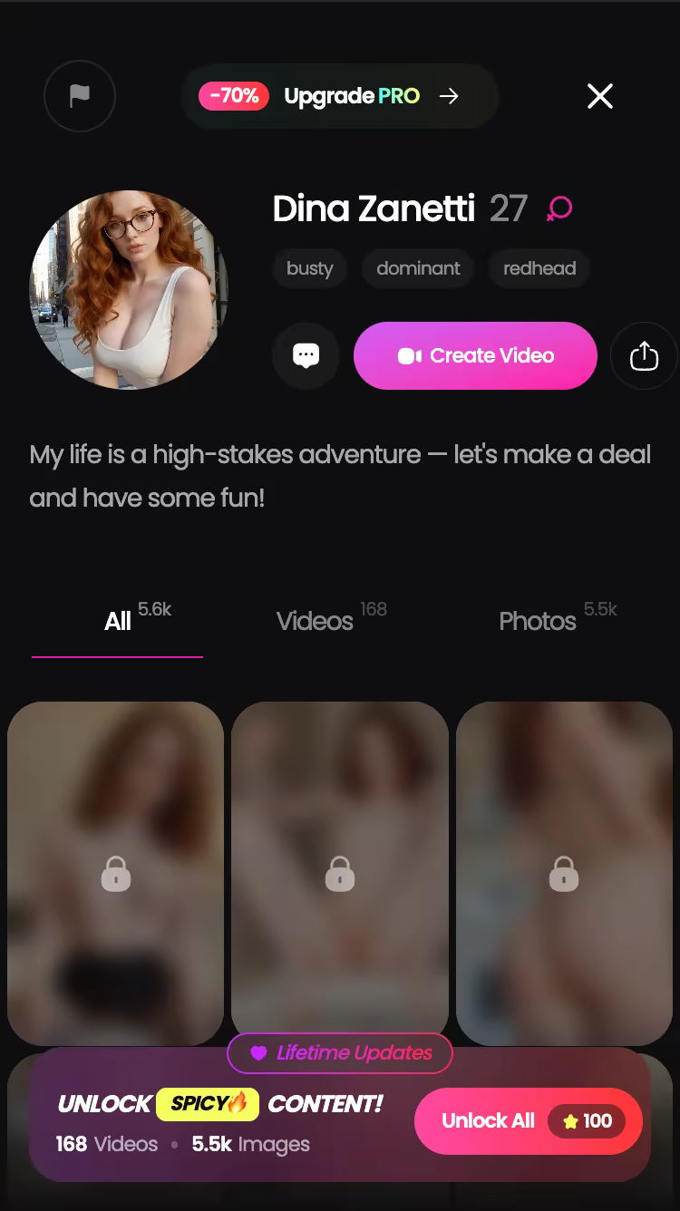 Profil d'un personnage GoLove sur mobile — bio et bibliothèque photos/vidéos qui restent attachées à ce personnage