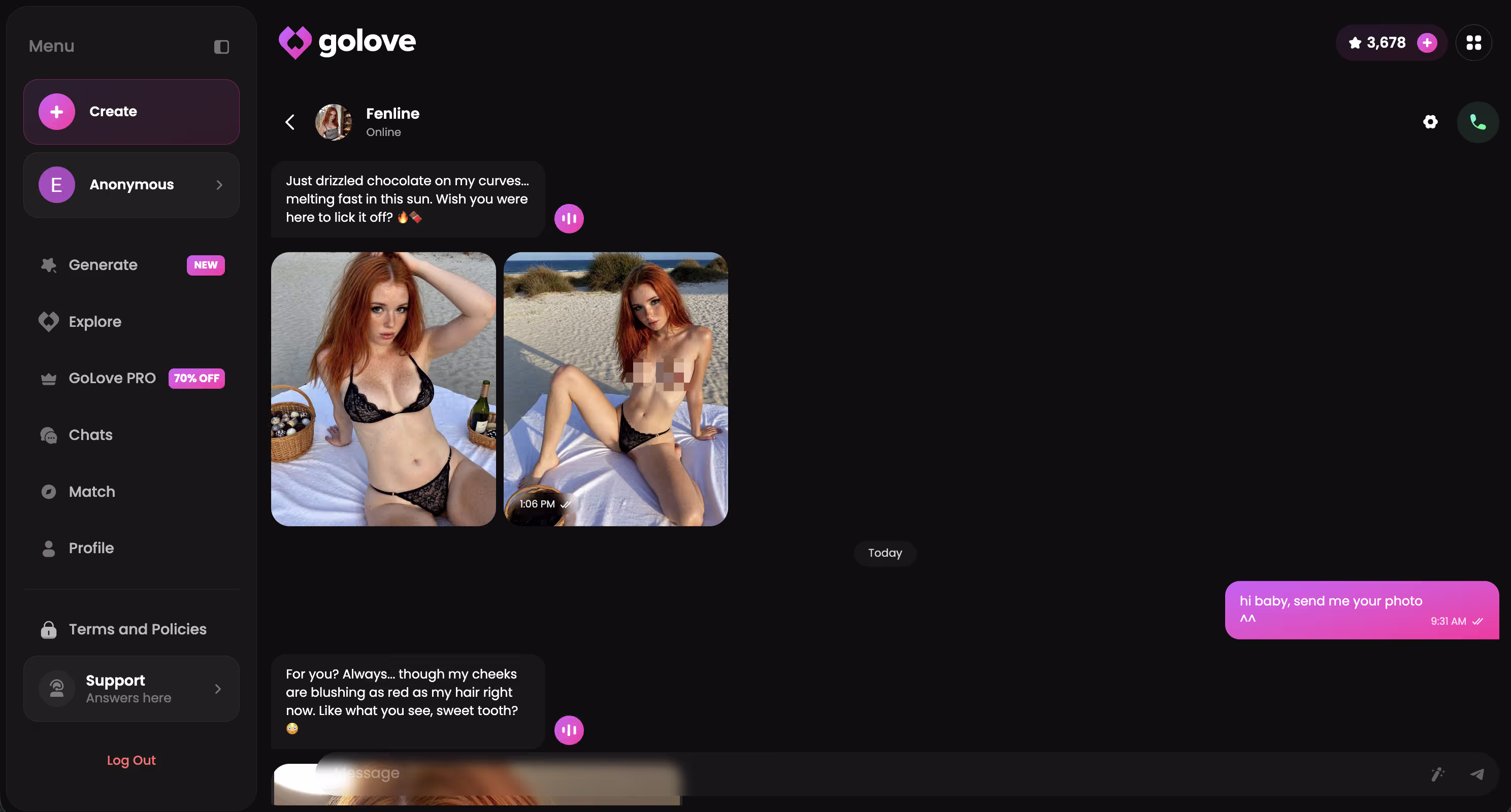 AI character sending photos directly inside a GoLove.ai chat — ia sexuel