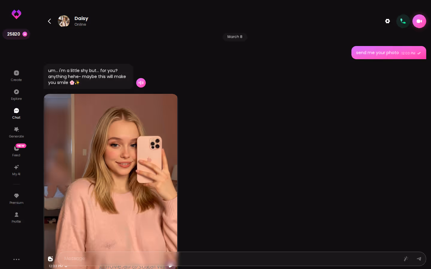 Exemple de discussion GoLove.ai sur ordinateur avec une photo générée dans le fil
