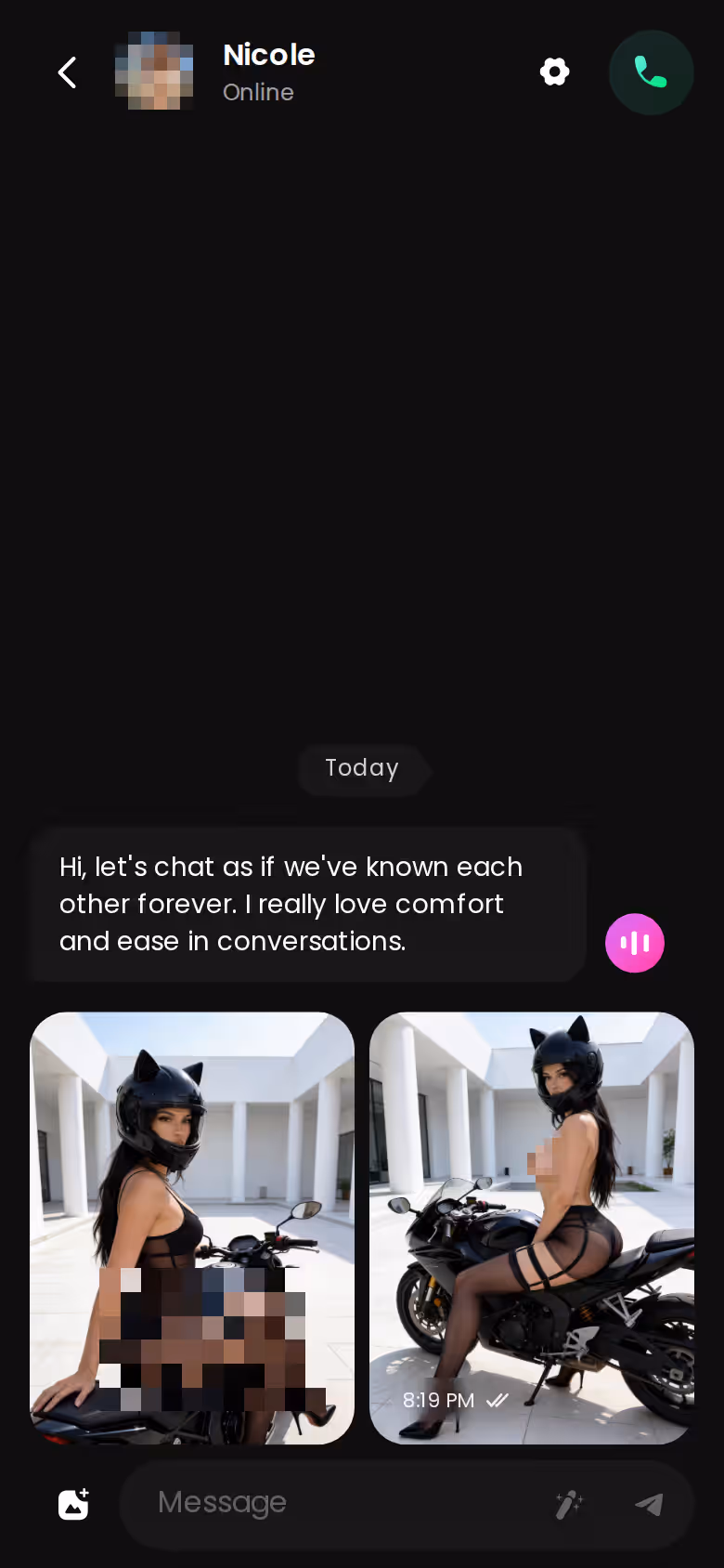Photo demandée qui arrive dans le fil de discussion avec Nicole sur GoLove.ai, sur mobile