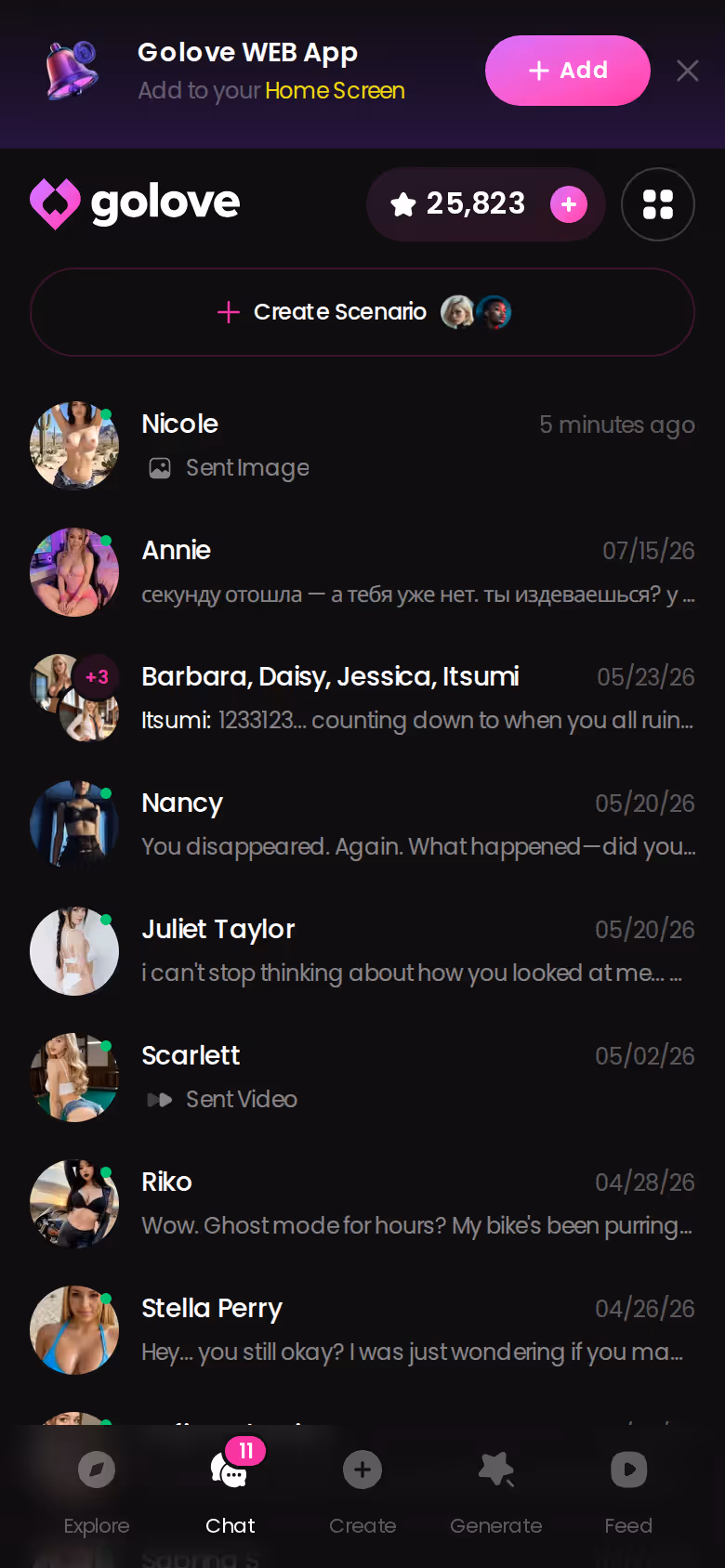 Boîte de réception Chats de GoLove.ai sur mobile, avec toutes les discussions en cours réunies dans une seule liste