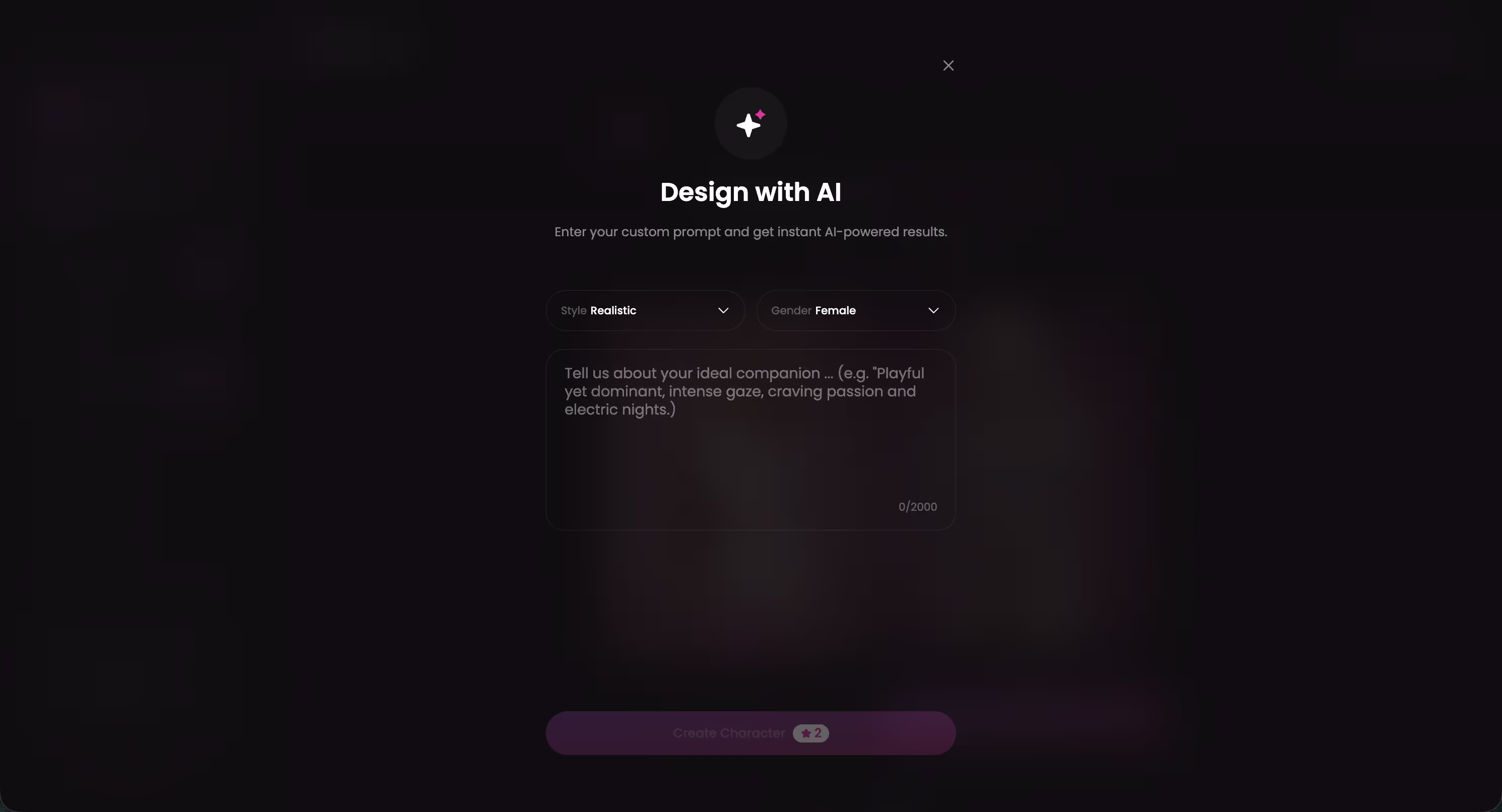 Design with AI sur GoLove — tu décris le personnage en quelques phrases, l'IA génère le profil complet