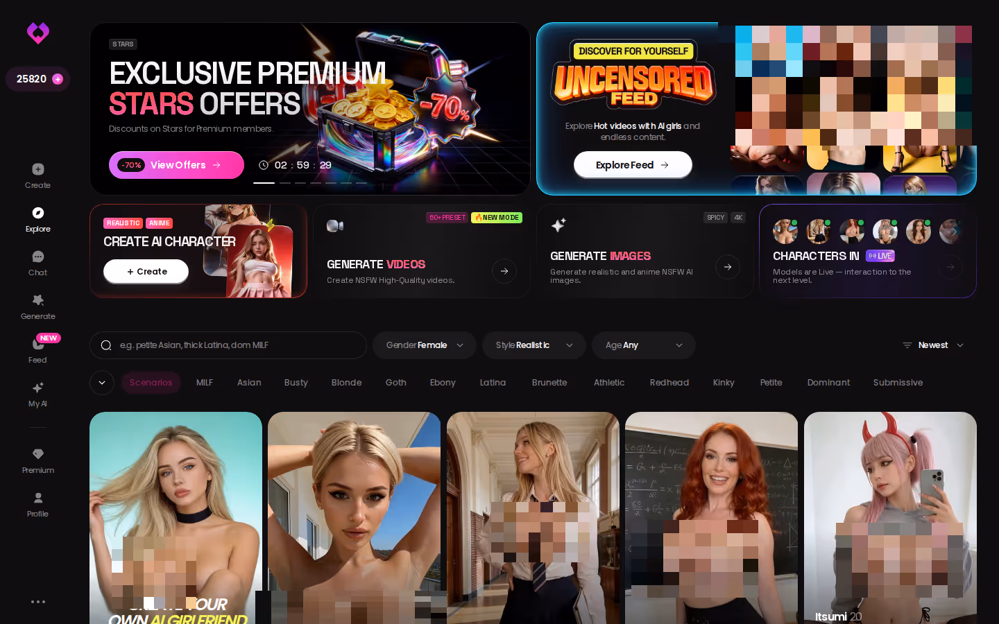 GoLove.ai Explore top — promo banners, tag filters and the character grid — ia femme