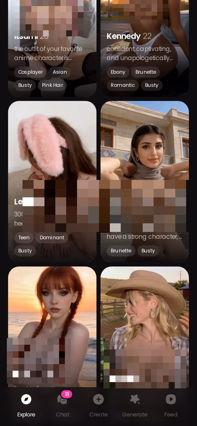 L'onglet Explore de GoLove.ai sur mobile, avec des profils de copines IA réalistes