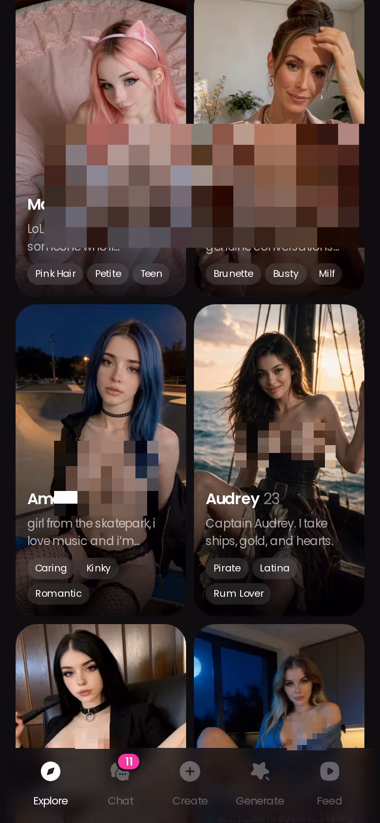 More of the mobile GoLove.ai Explore character grid — alternative à dreamgf