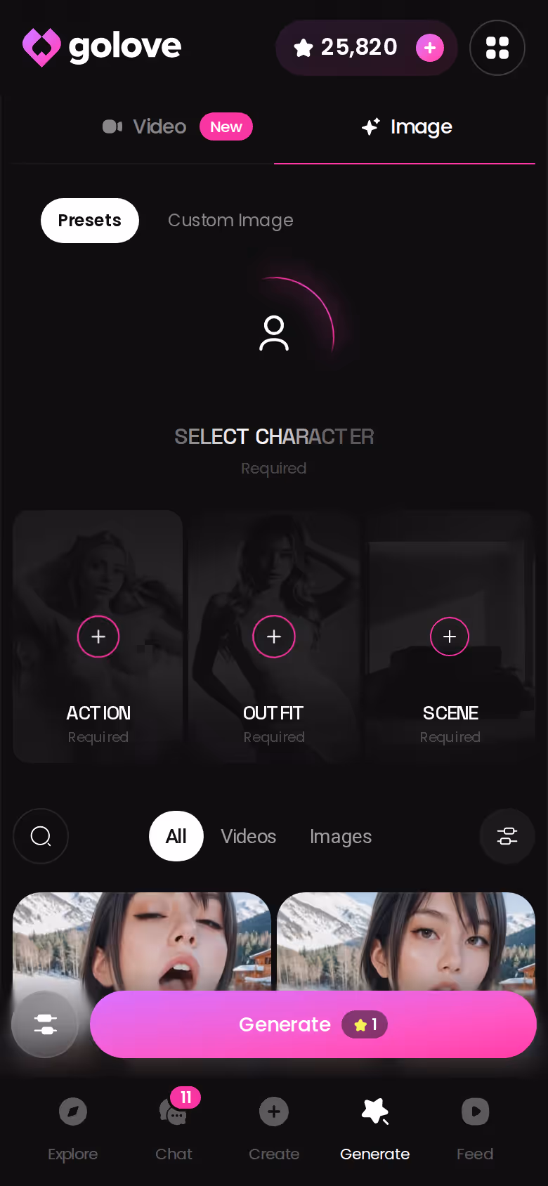 Mode Image du générateur GoLove.ai sur mobile, avec le choix de la pose, de la tenue et du décor