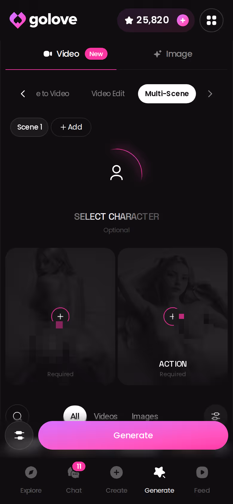 Générateur vidéo GoLove.ai sur mobile, avec les cartes d'action, de tenue et de décor pour composer une scène